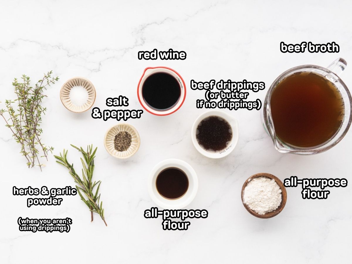 Labeled ingredients needed to make au jus recipe with or without drippings.