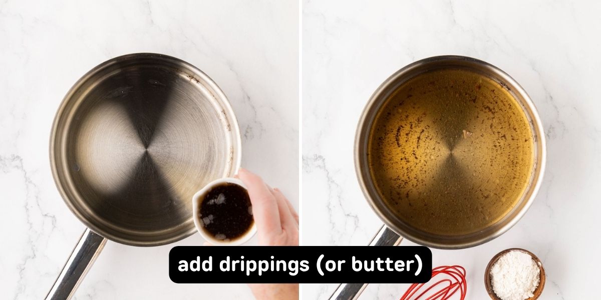 Adding beef drippings to sauce pan.