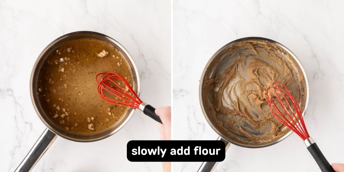 Slowly, adding flour to create roux.