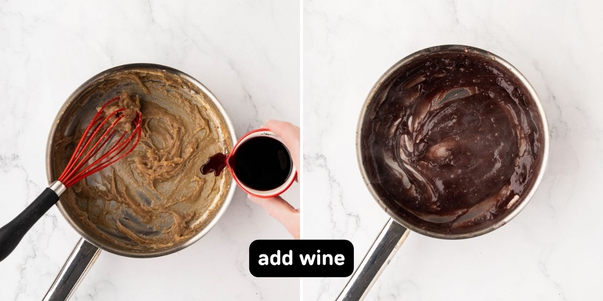 Slowly pouring wine into roux.