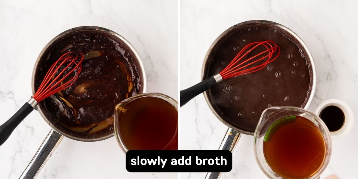 Slowly adding beef broth to sauce.