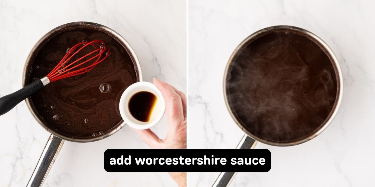Pouring in Worcestershire sauce to the sauce pan.
