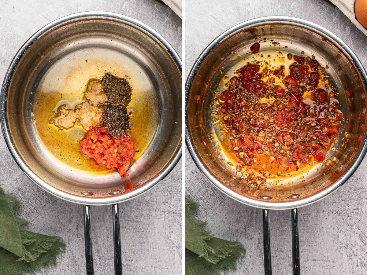 Olive oil in a sauce pan with garlic, calabrian chilis, oregano, and basil.