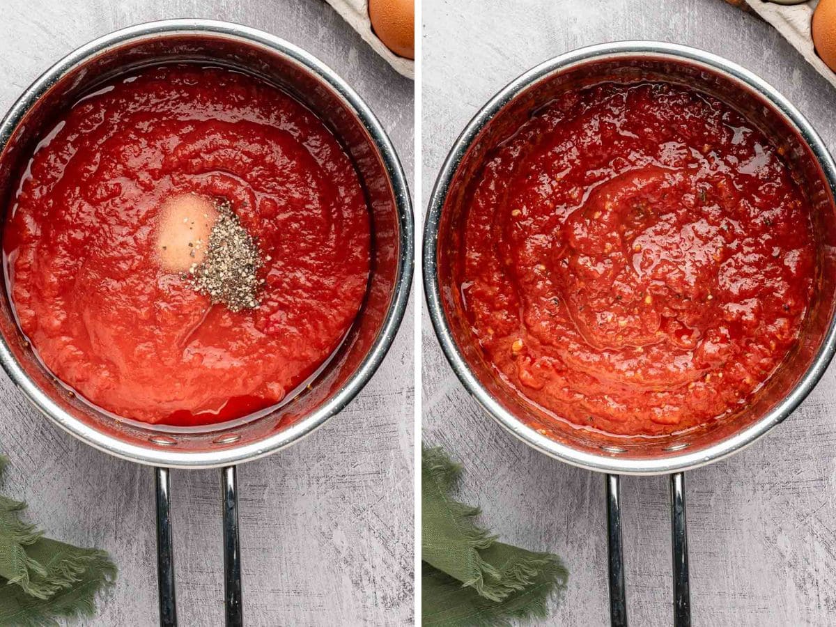 Tomatoes, salt and pepper added to the sauce pan.