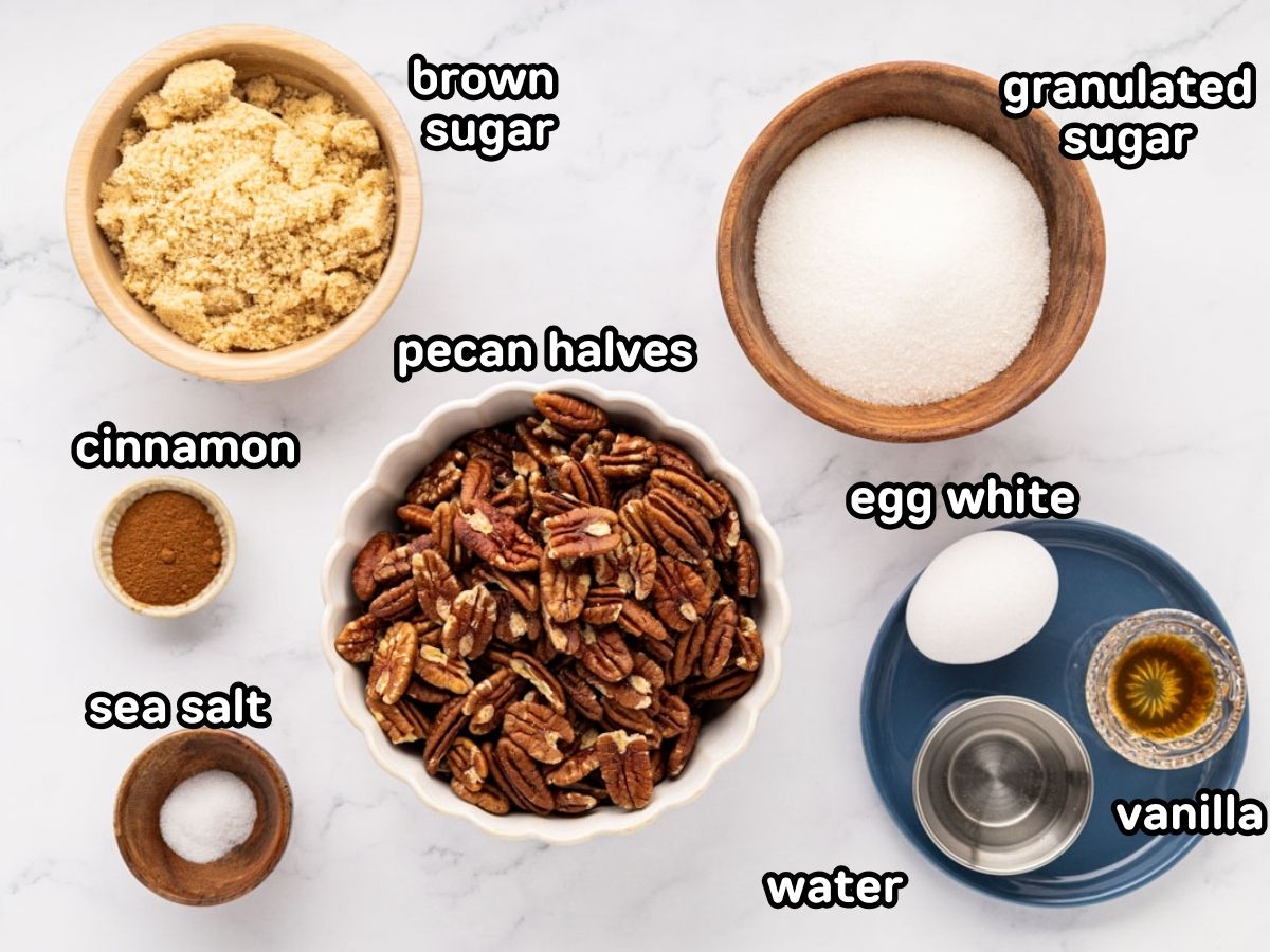 A labeled image of ingredients needed to make candied pecans.
