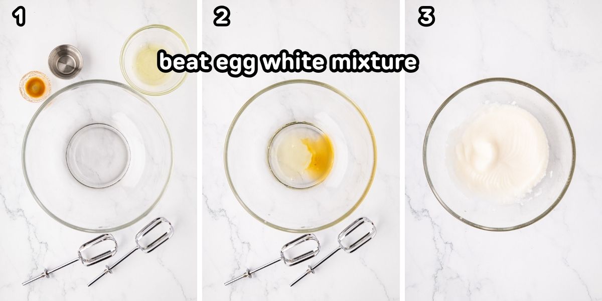 A collage image showing beating the egg white mixture.