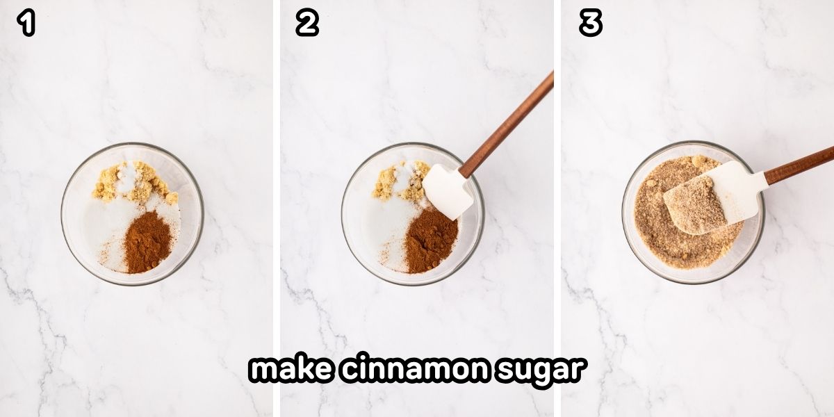 A collage image showing stirring cinnamon sugar mixture together.