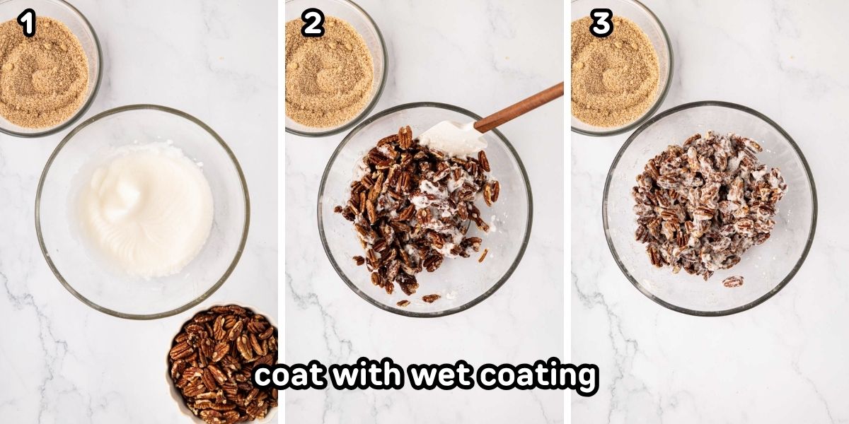 Coating the pot pecans with egg white mixture.