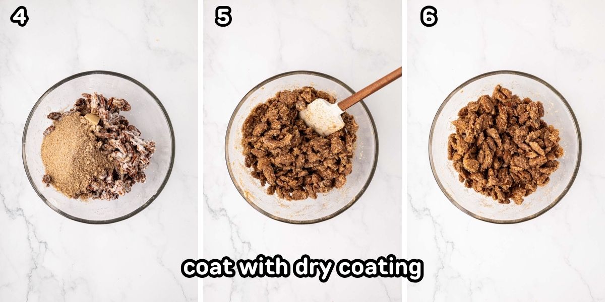 Coding the pecans with cinnamon sugar, dry mixture.