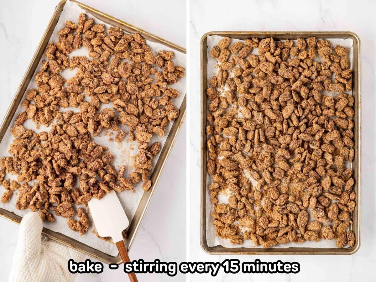A spatula stirring the pecans every 15 minutes while baking.