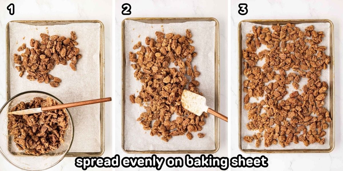 Pouring the coated pecans onto a baking sheet and spreading and uneven layer.