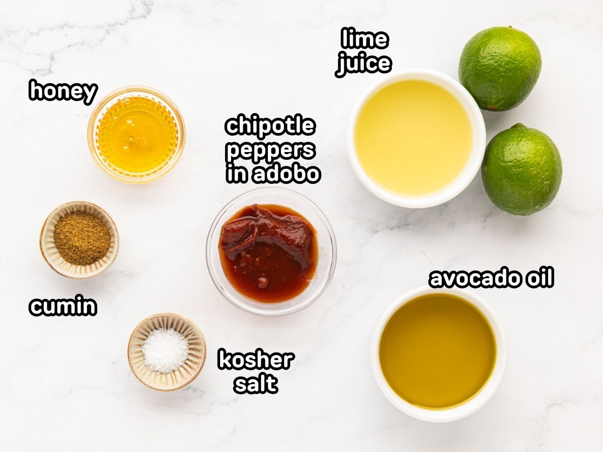 Labeled ingredients needed for honey chipotle lime vinaigrette.