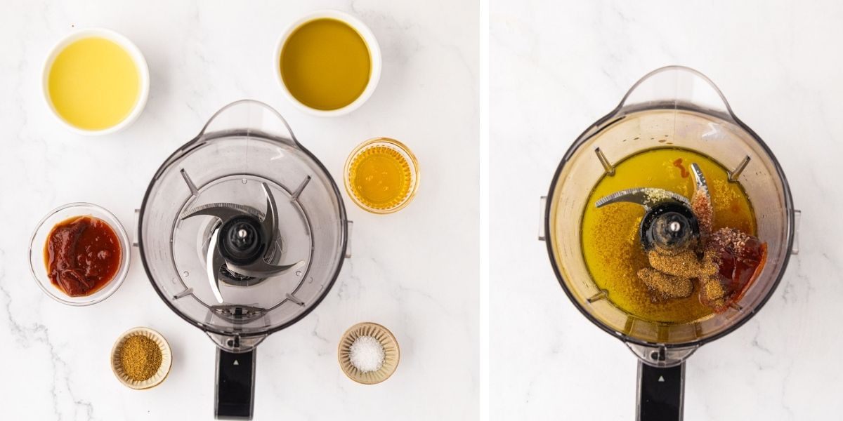 A blender with the dressing ingredient added to it.