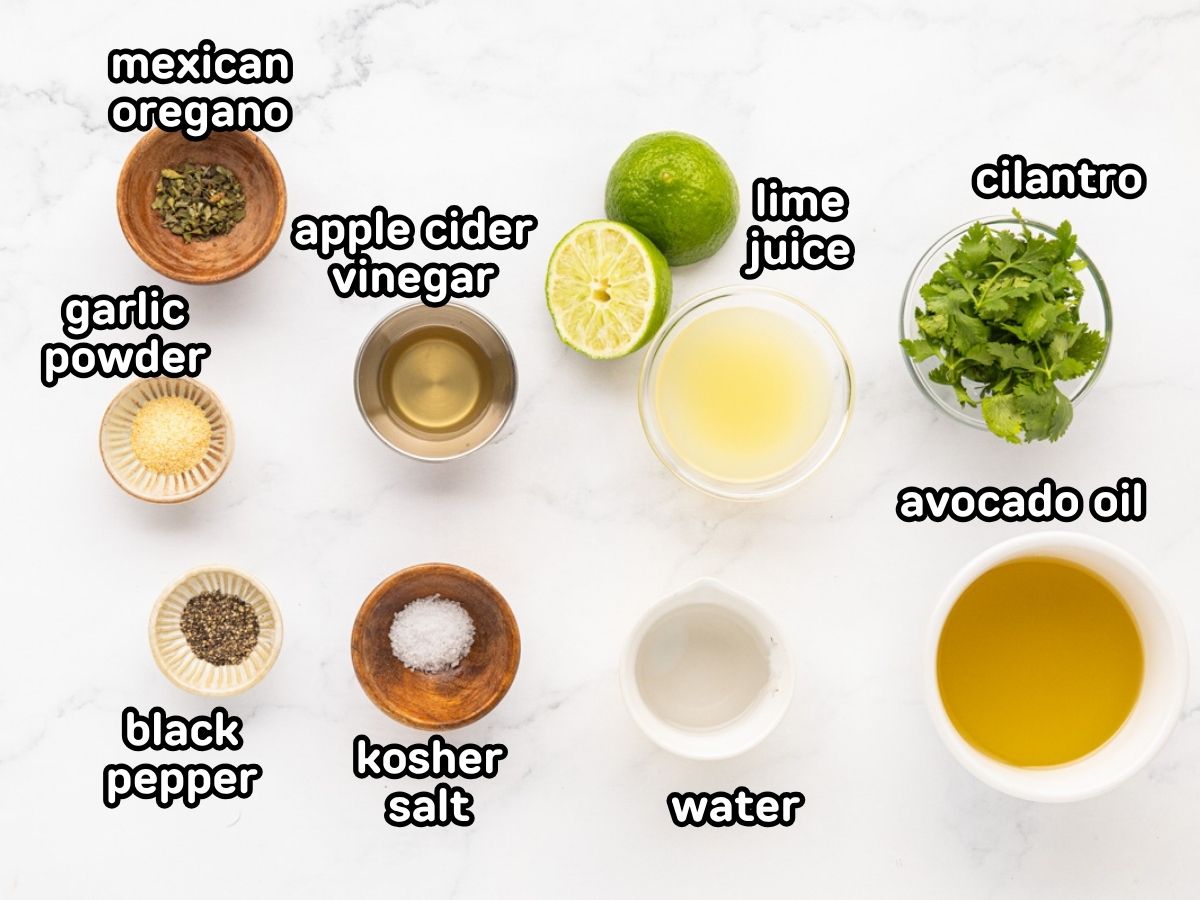 A labeled image ingredients needed cilantro lime vinaigrette dressing.