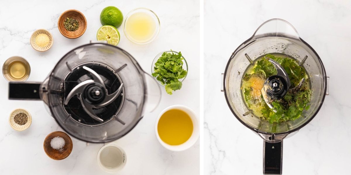 A food processor with the dressing ingredient added to it.