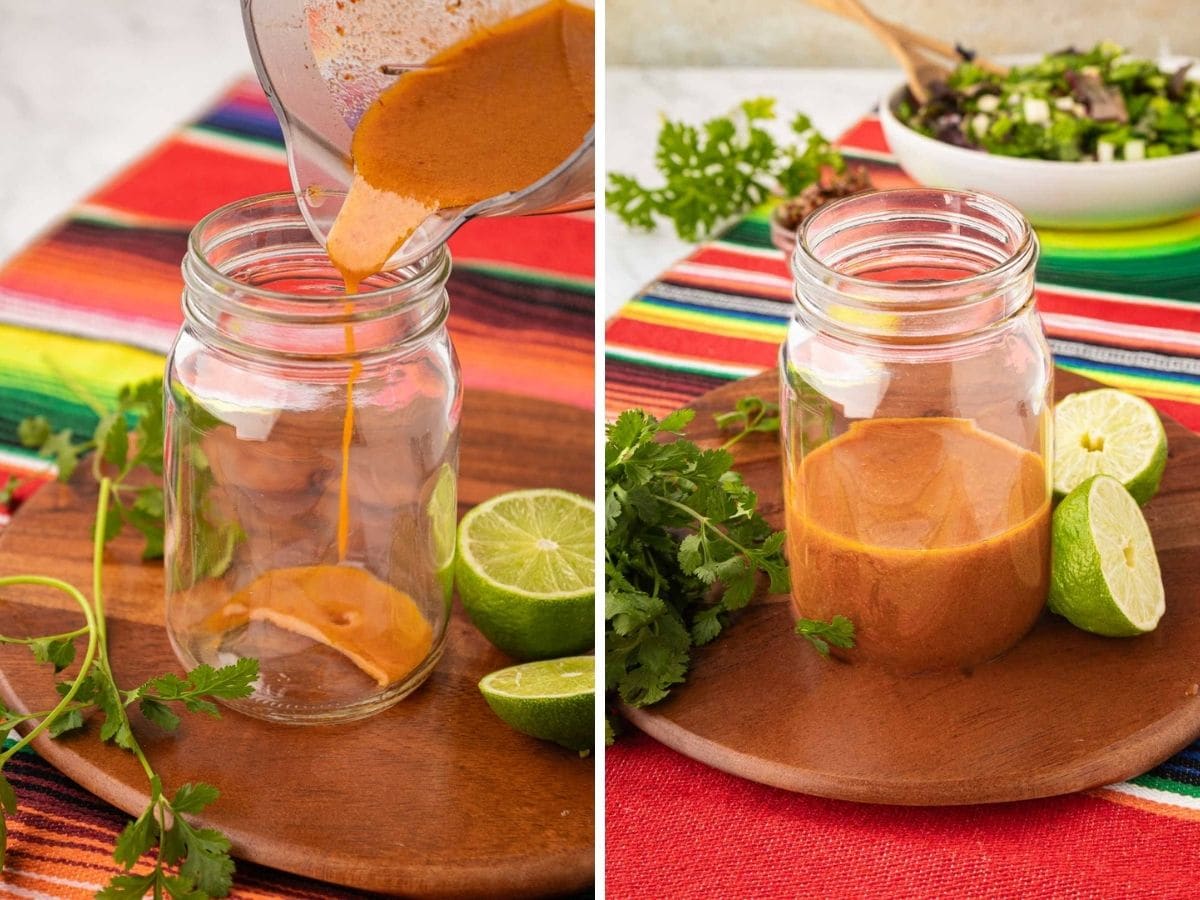 Pouring the Honey Chipotle vinaigrette into a mason jar.