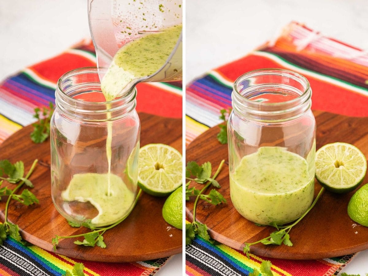 Pouring the Cilantro vinaigrette into a mason jar. 