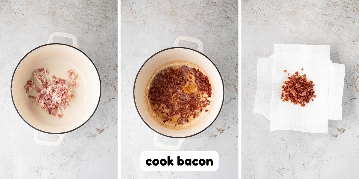 Three image collage showing cooking bacon in the soup pot and then moving it to towels to drain.