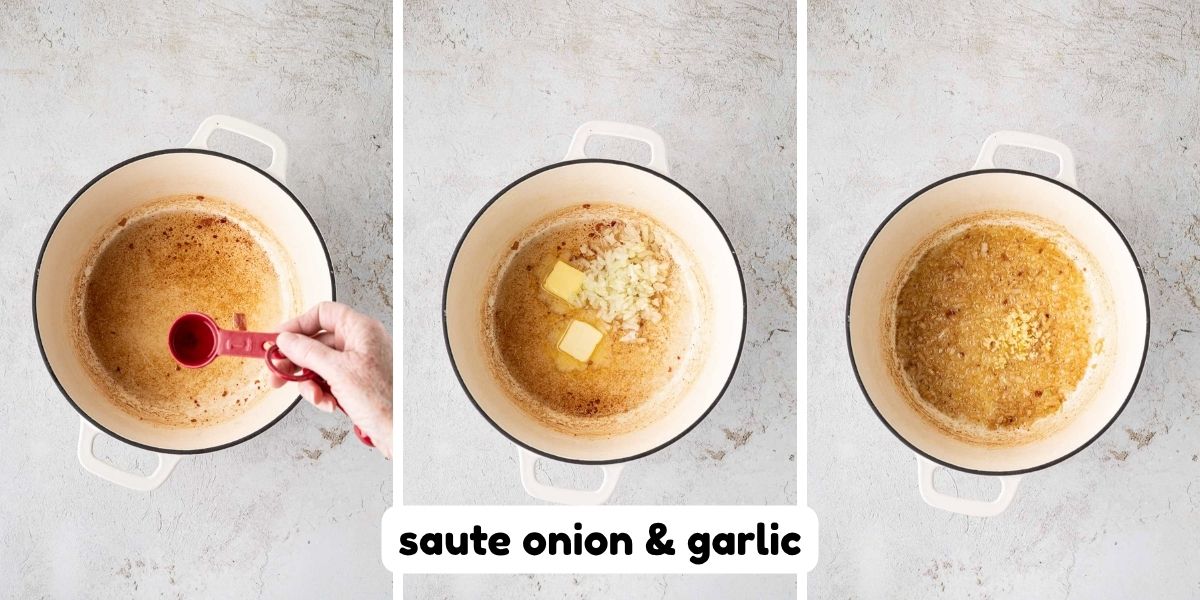 A three collage image showing bacon grease in pot, then adding bacon, onions and garlic to sauté.