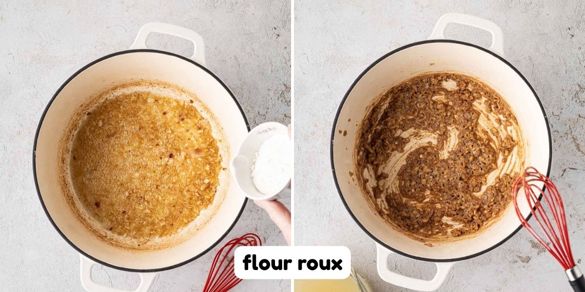 A two image collage showing flower added to the pot and whisk to thicken.