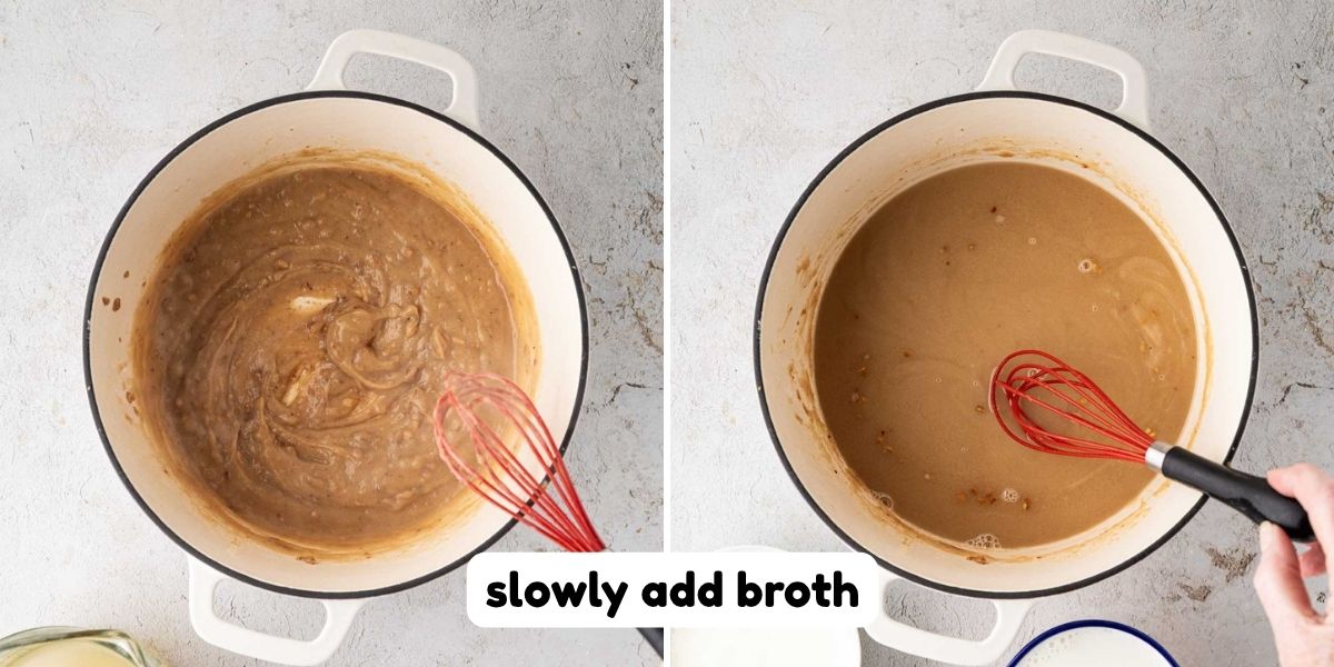 Chicken broth slowly added to roux to combine.