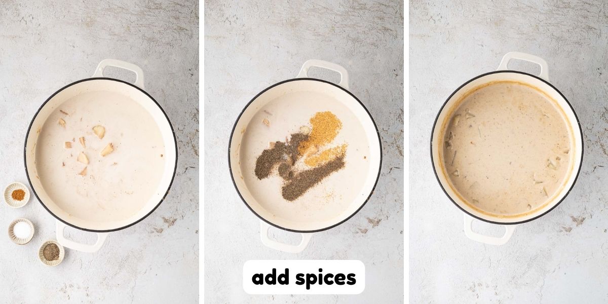 Adding seasoning to the potato soup.