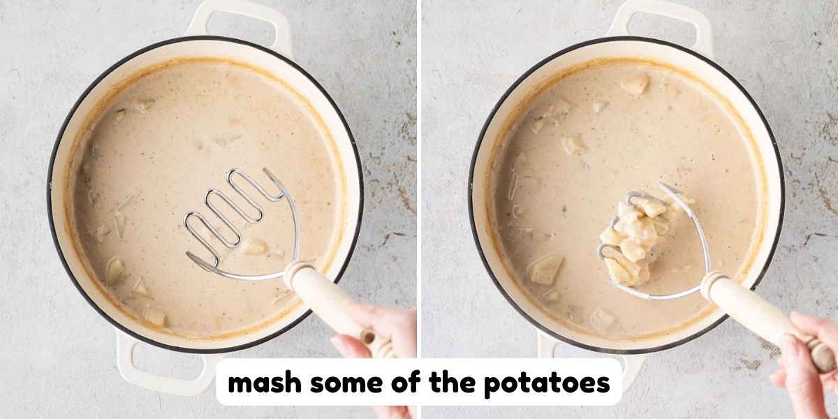 Mashing a few of the potatoes with the potato masher to thicken soup.