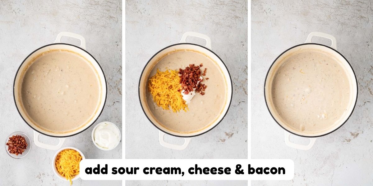 Final step of adding sour cream cheese and bacon and stirring it into the soup to melt.