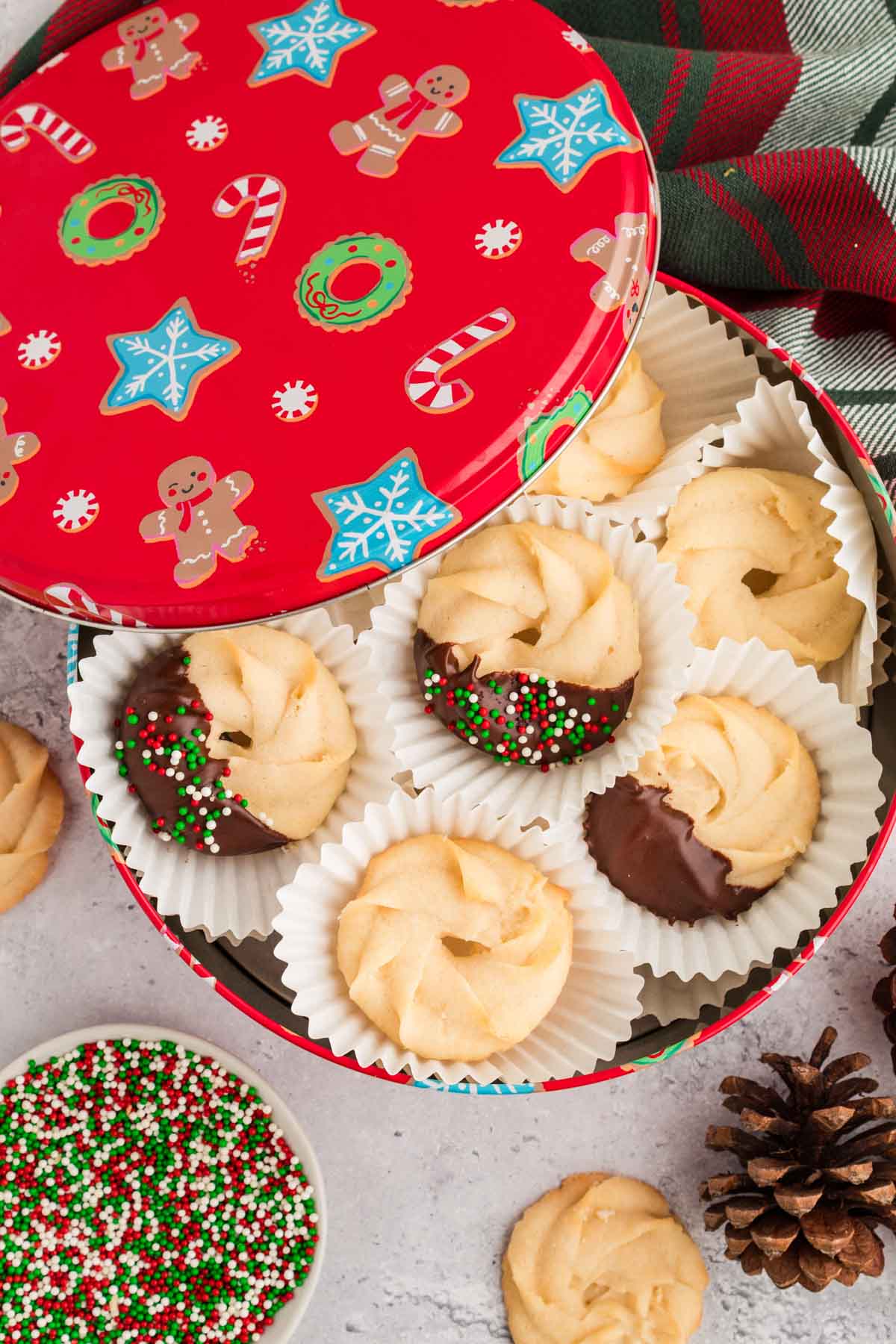Danish butter cookies in a Christmas cookie tin.