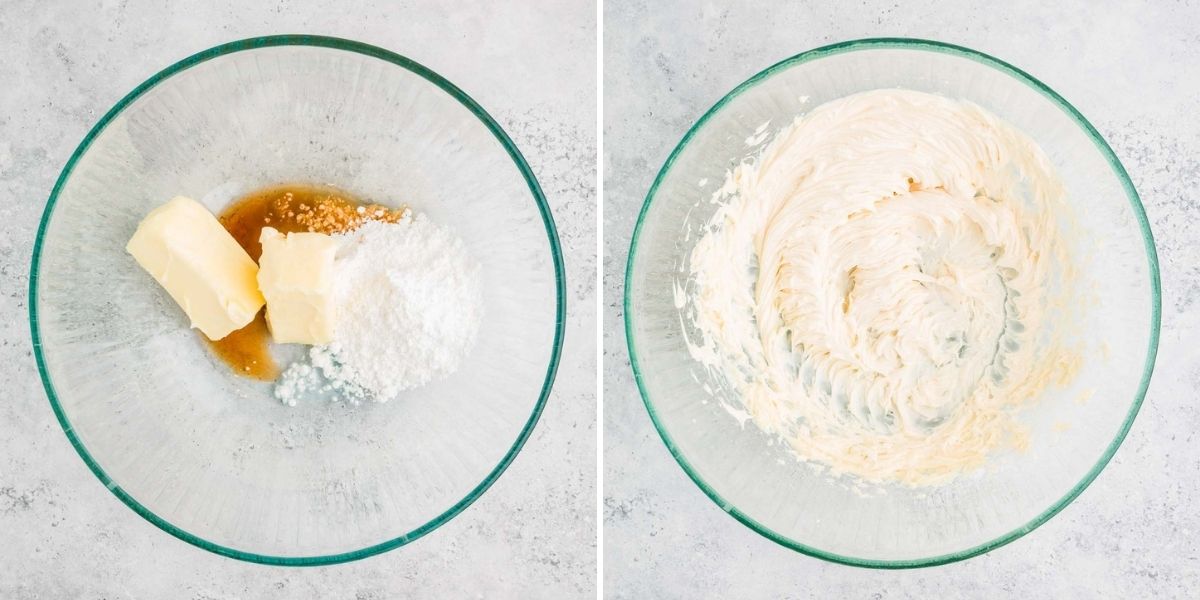 Side by side photos of creaming the butter, sugar and extracts together.