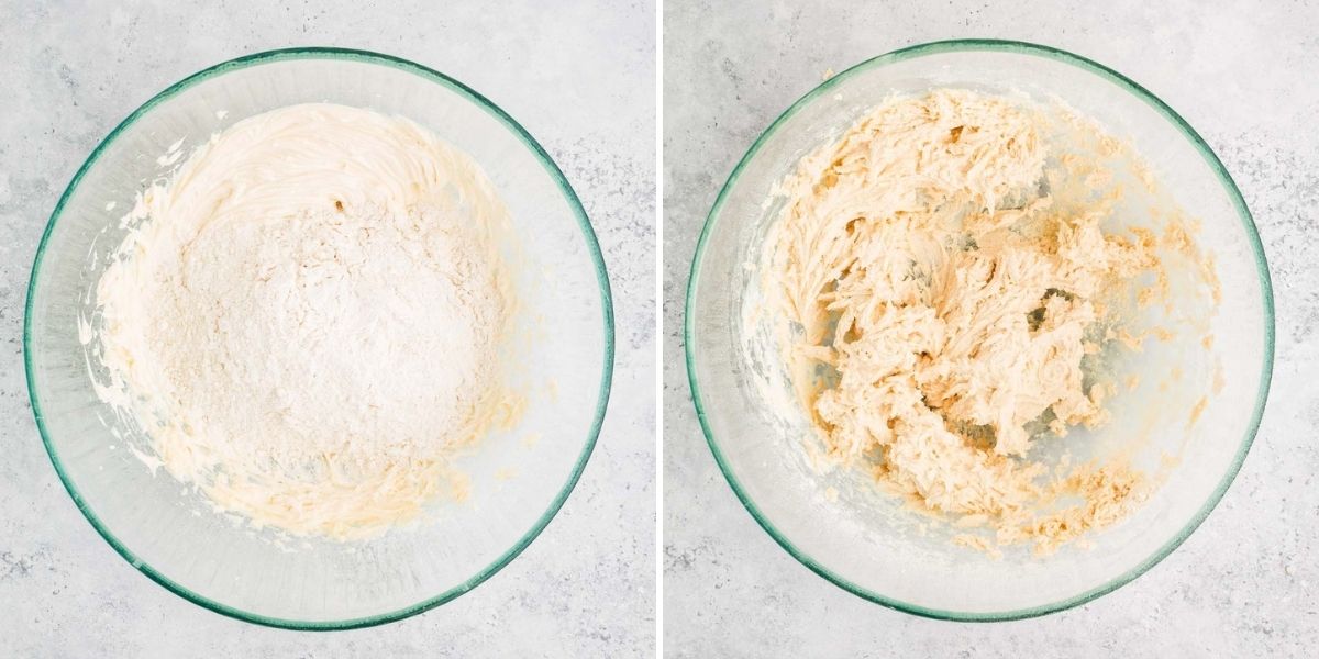 Adding the flour to the creamed butter and sugar mixture.