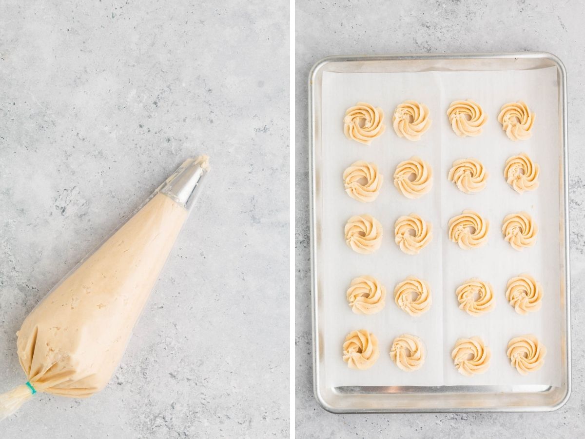 Side by side photos of piping the cookies onto a prepared sheet pan.