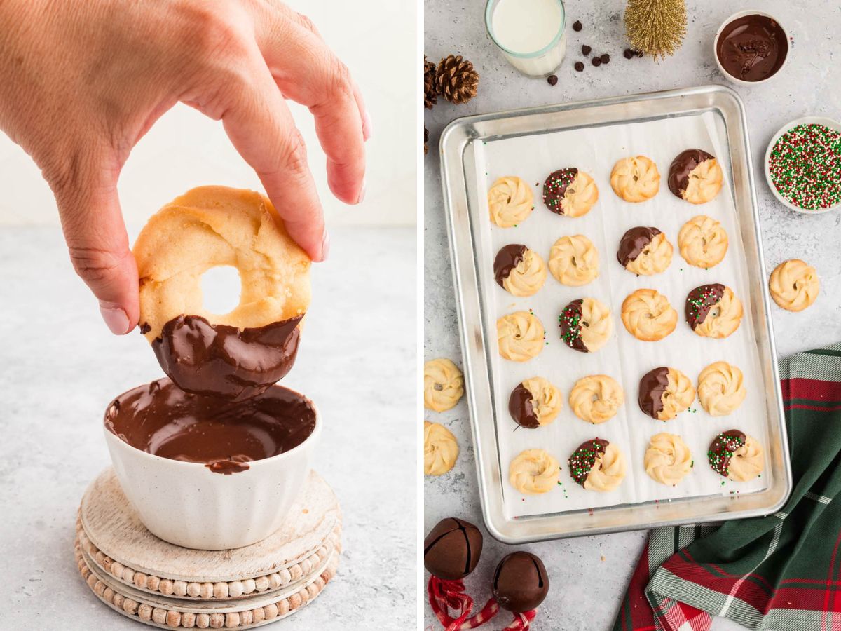 Side by side photos of dipping the butter cookies in chocolate.