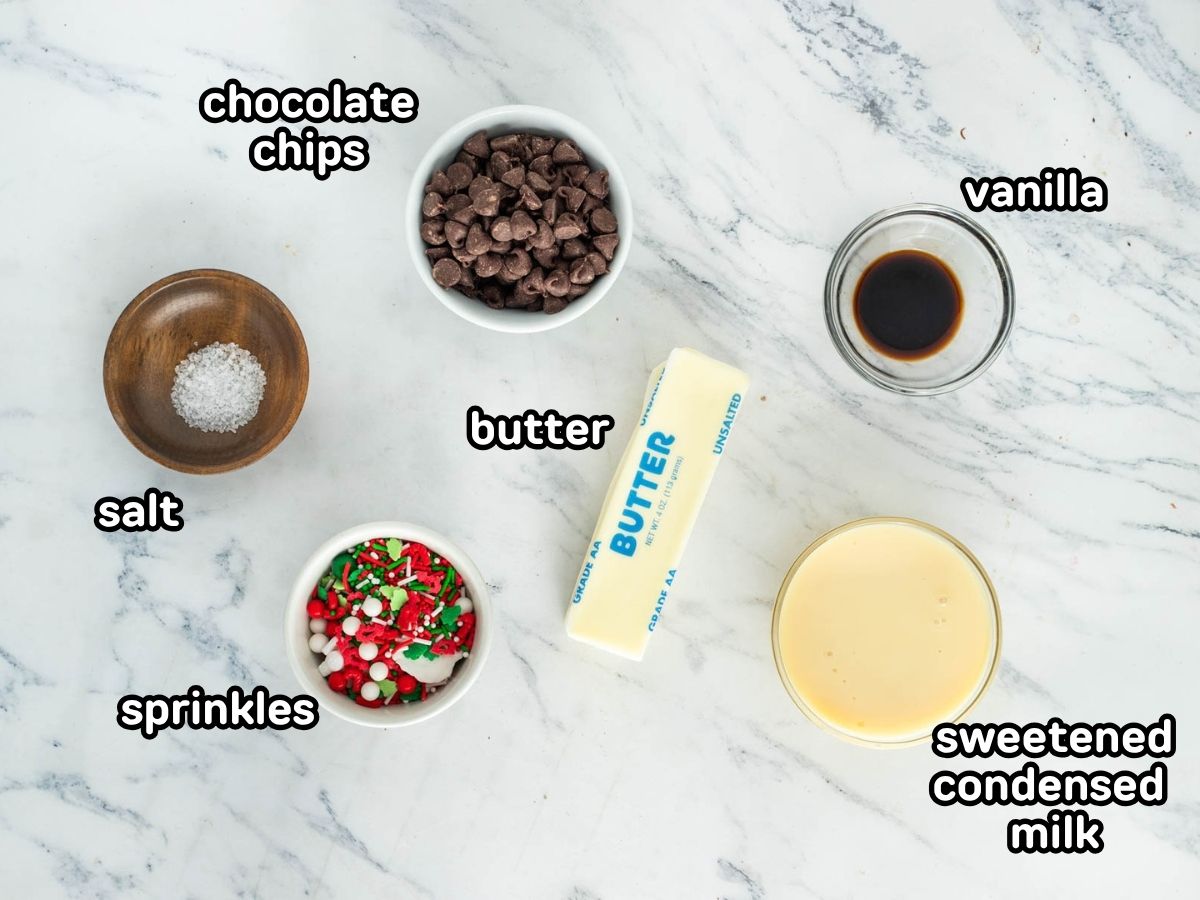Ingredients needed to make homemade Christmas fudge.