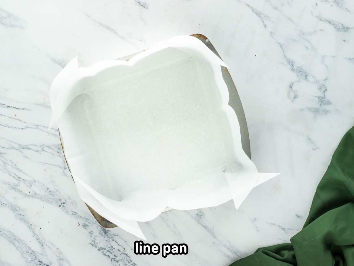 Lining a square baking dish with parchment paper.