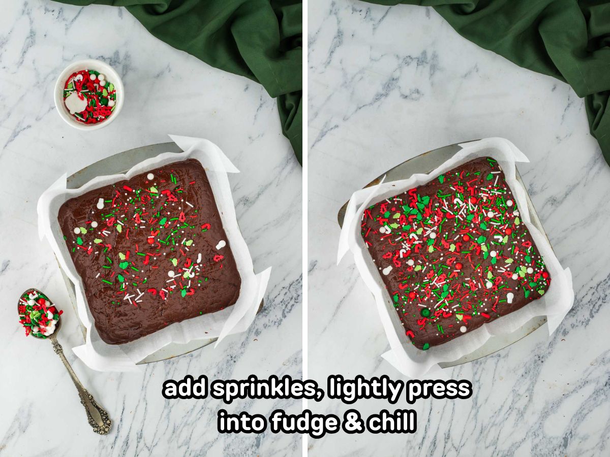 Side by side photos of sprinkles going on top of fudge before chilling it.