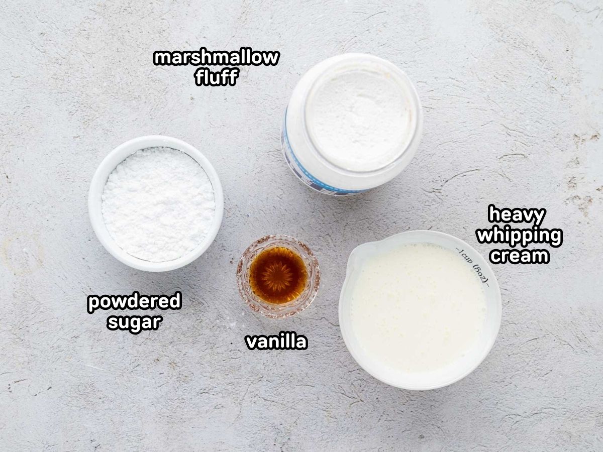 A labeled image of ingredients needed to make marshmallow whipped cream.