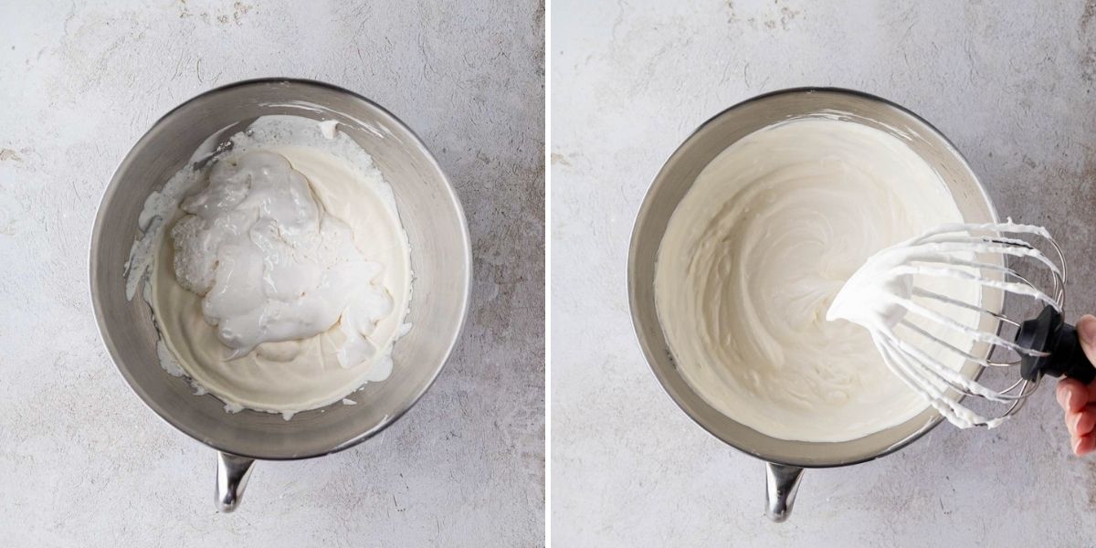 Adding marshmallow fluff to whipped cream.