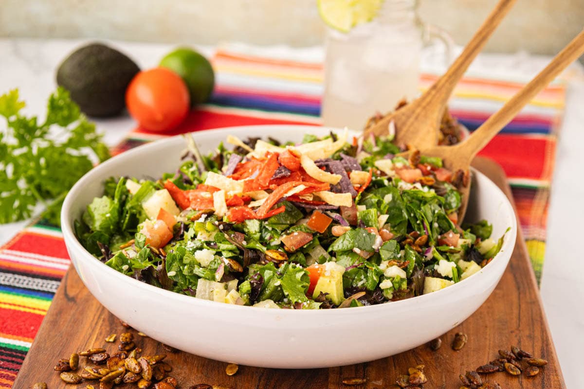 The Mexican chopped salad garnished with tricolor tortilla strips.