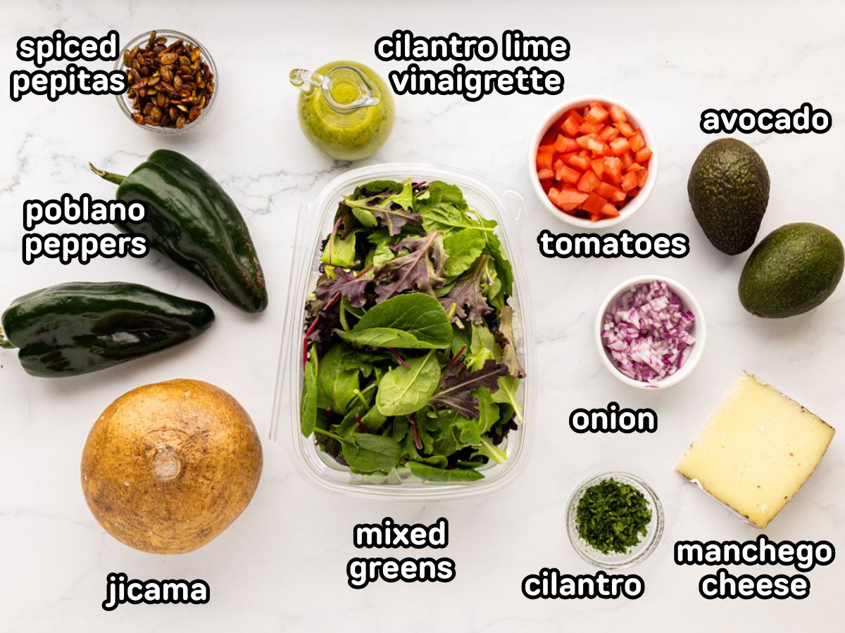 A labeled image of ingredients needed to make Mexican chopped salad.