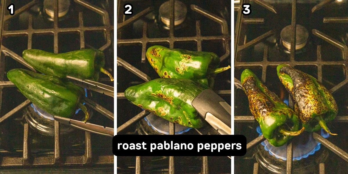 Roasting poblano peppers over a gas stove.