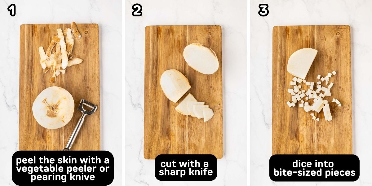 A collage image showing how to peel and cut jicama.