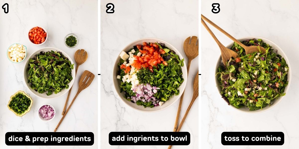 A collage image showing salad ingredients added to a bowl and then tossed.