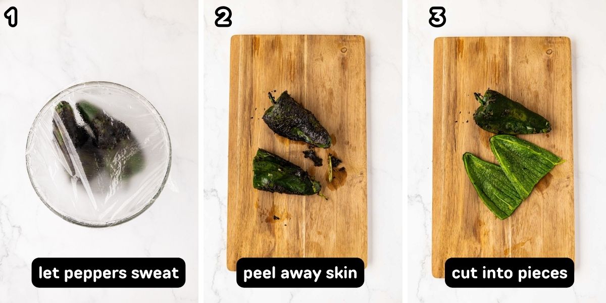 A collage image showing sweating the peppers, peeling and chopping.
