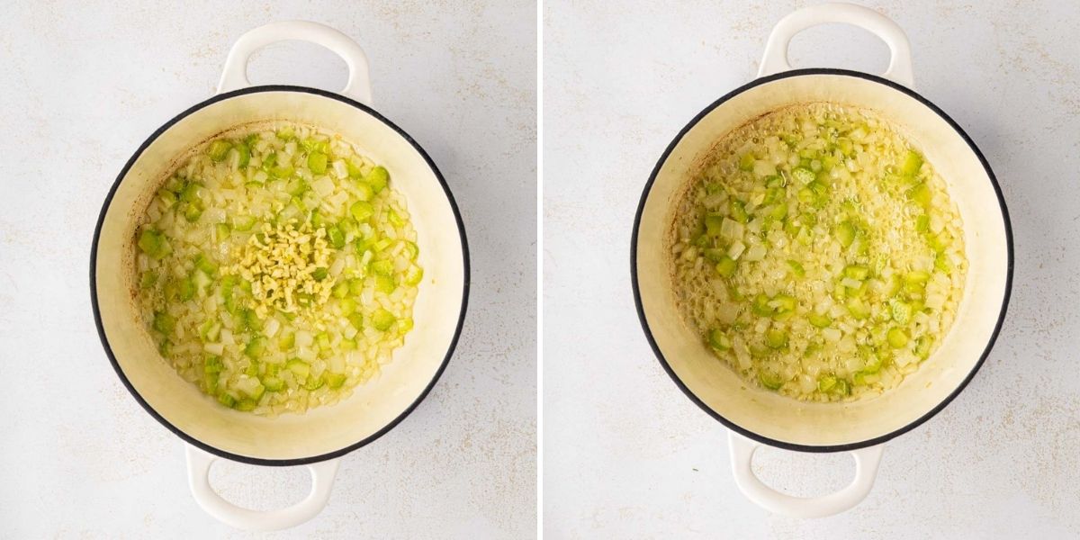 Garlic added to the sautéd  onion and celery in avocado oil.