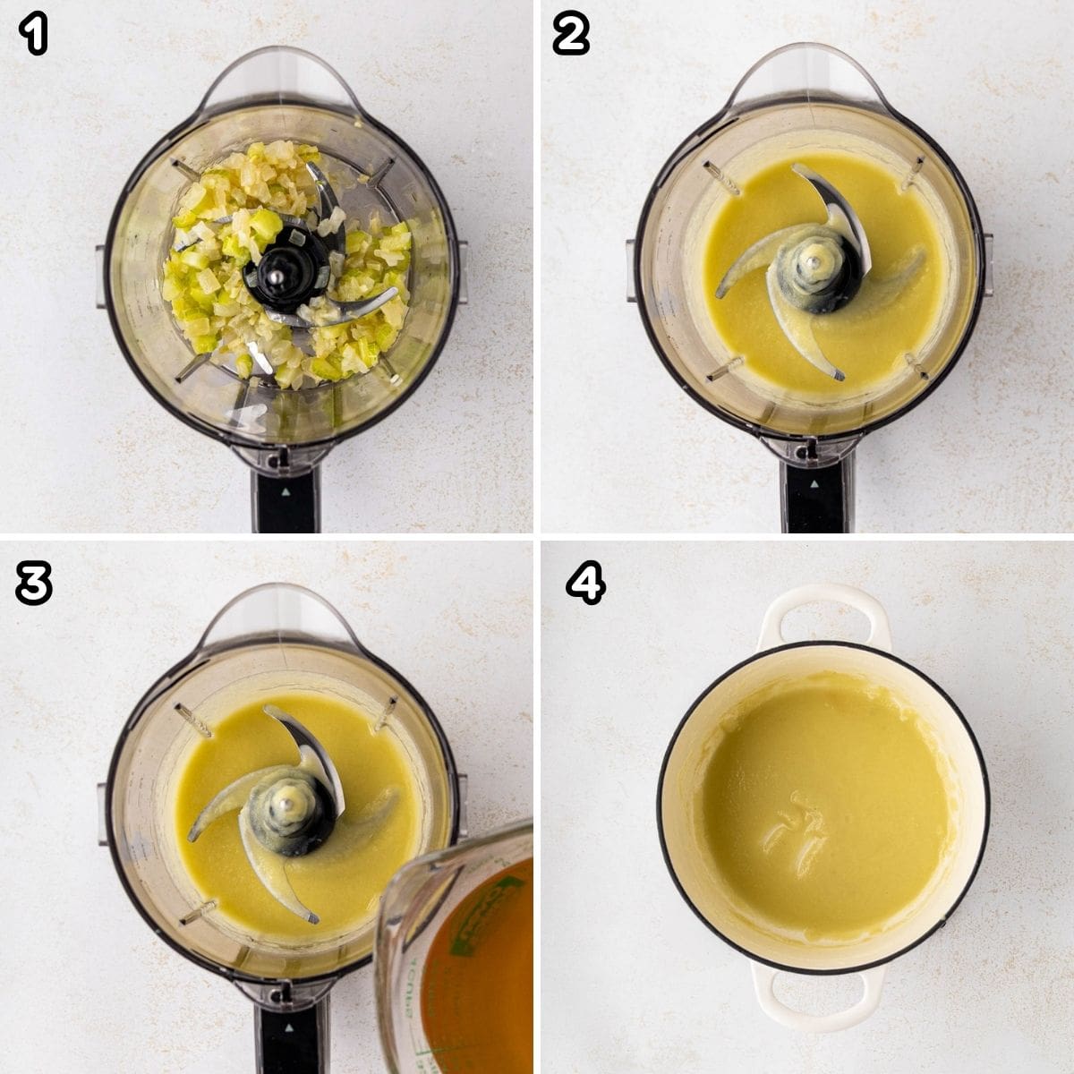 A collage image image showing aromatics and seafood stock added to blender and pulse until smooth.