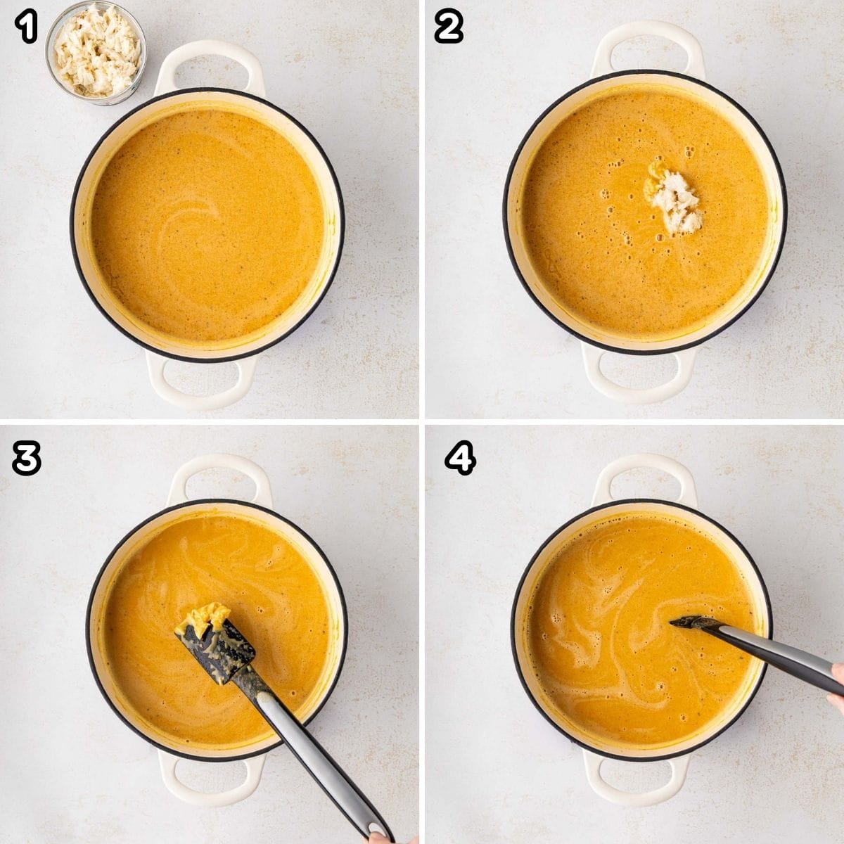 Remaining crab bisque ingredients along with lump crab, added to the soup mixture.