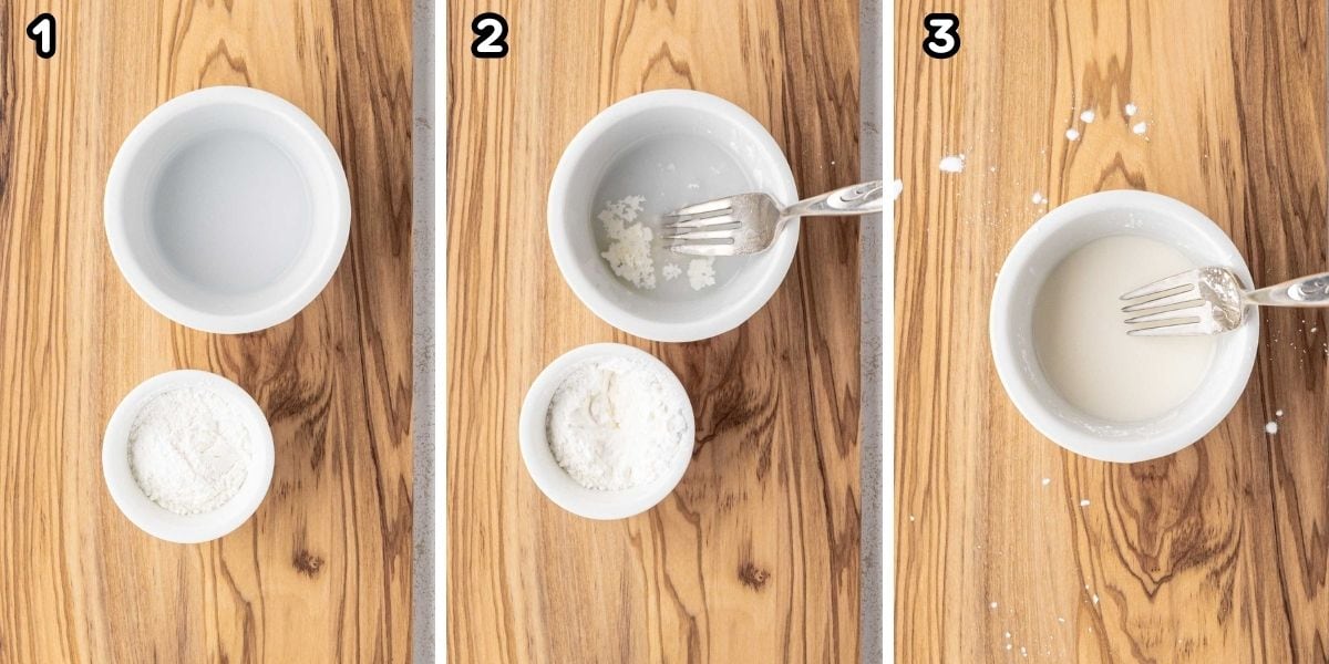 Stirring together water and cornstarch to create a slurry.