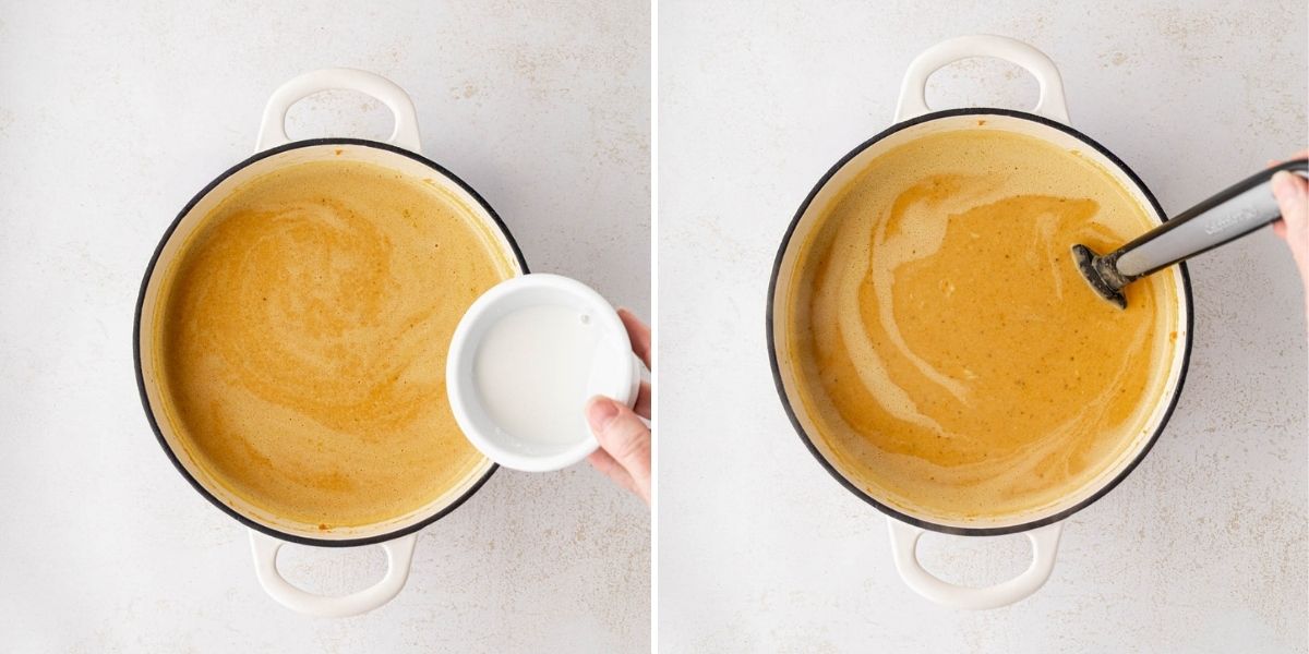 Pouring and stirring in slurry to thicken soup.