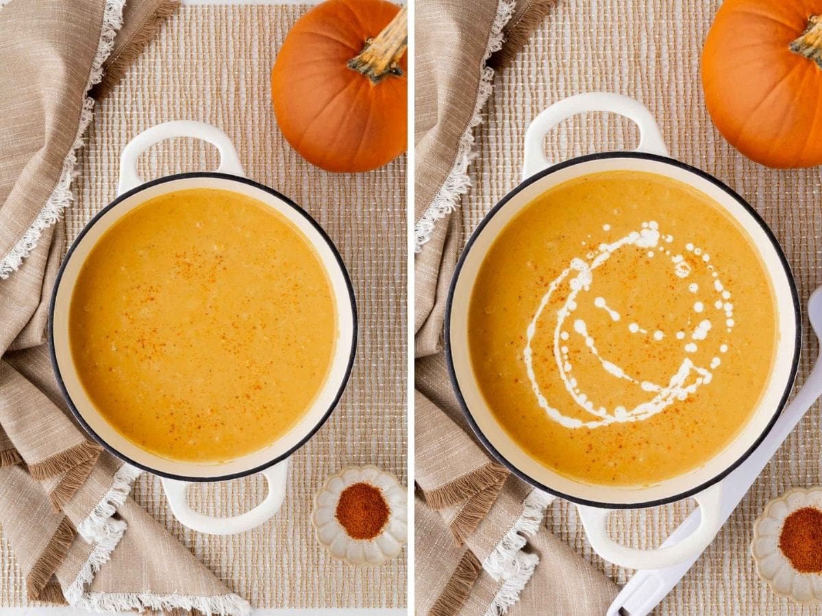 Crab bisque in a white dutch oven.